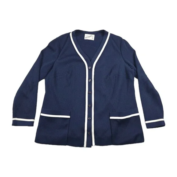 Vintage Miss Accent Act III Cardigan Sweater Navy Blue White Piping - Picture 1 of 7